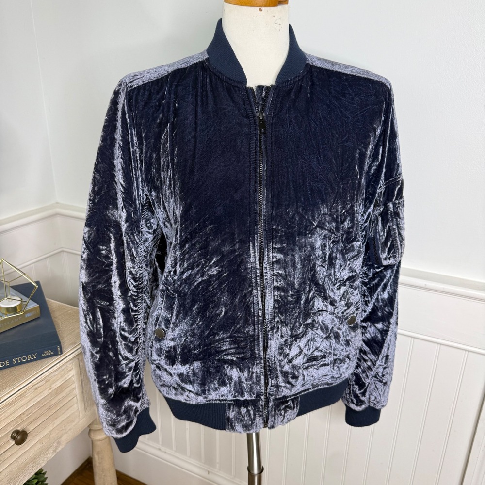 American Eagle Navy Blue Crushed Velvet Bomber Jacket Womens Medium Full Zip